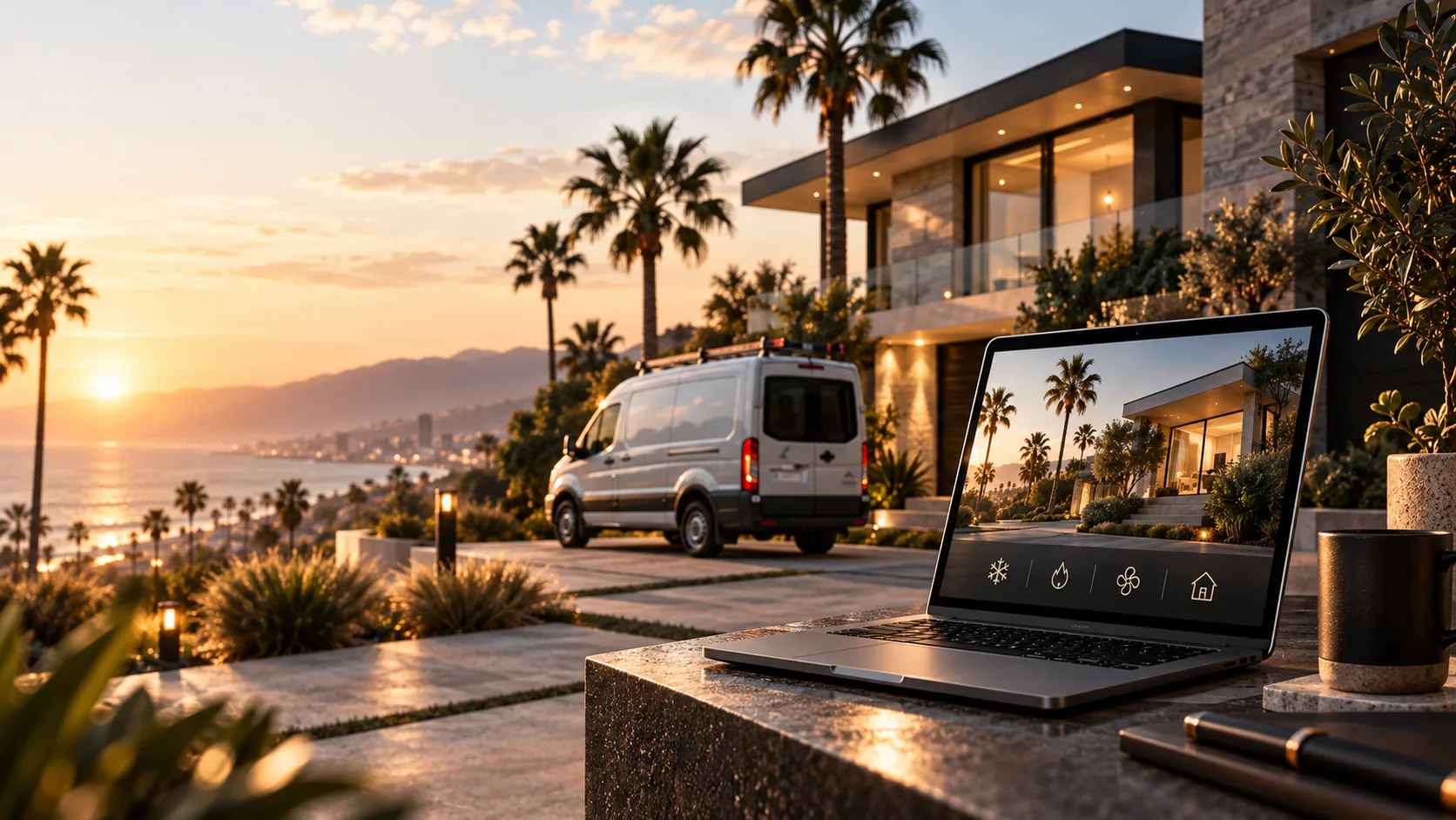 Laptop showing a home services website on a terrace at sunset, with a service van parked by a modern home
