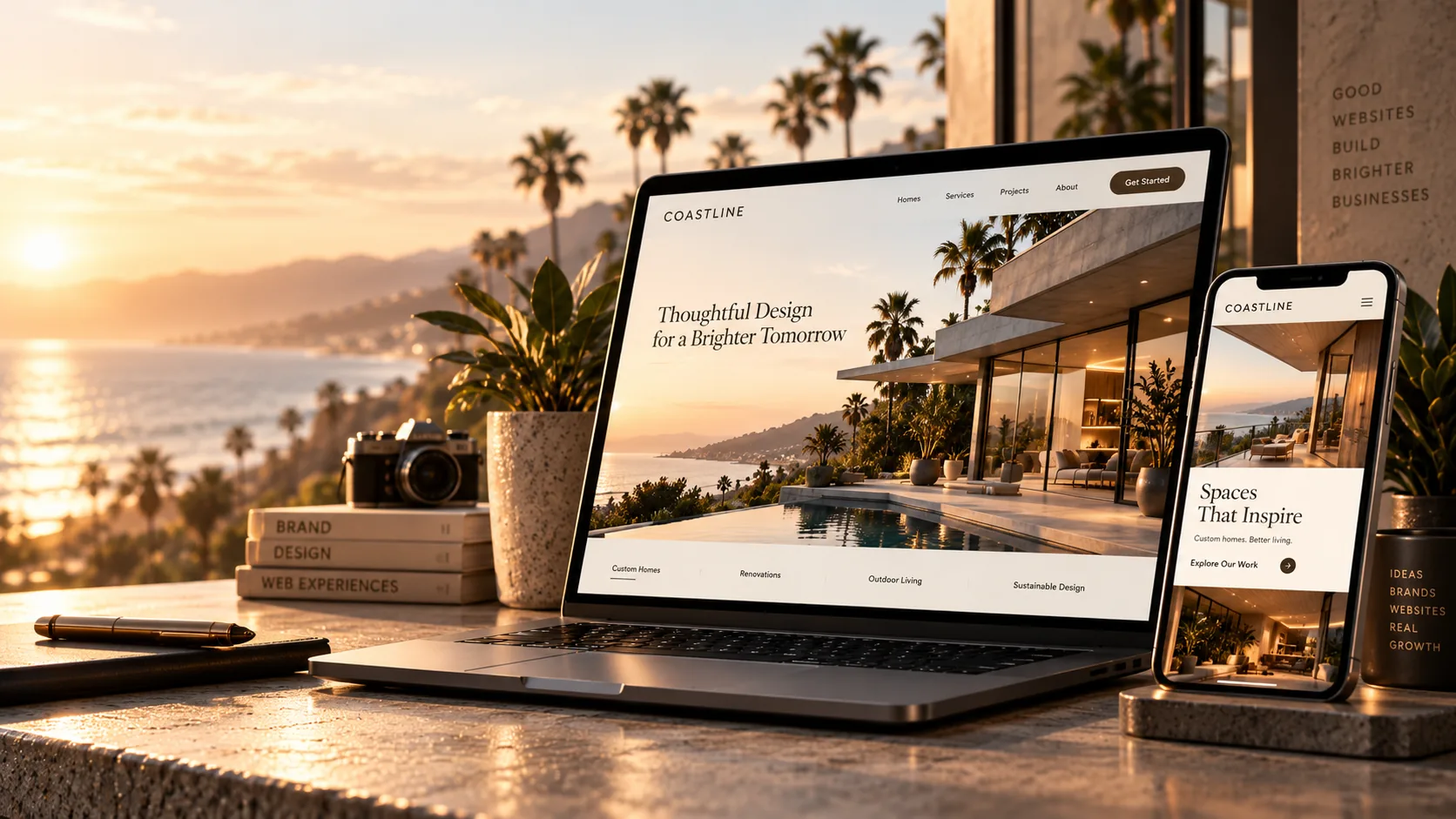 Laptop and phone showing a custom home builder’s website on a coastal terrace at sunset