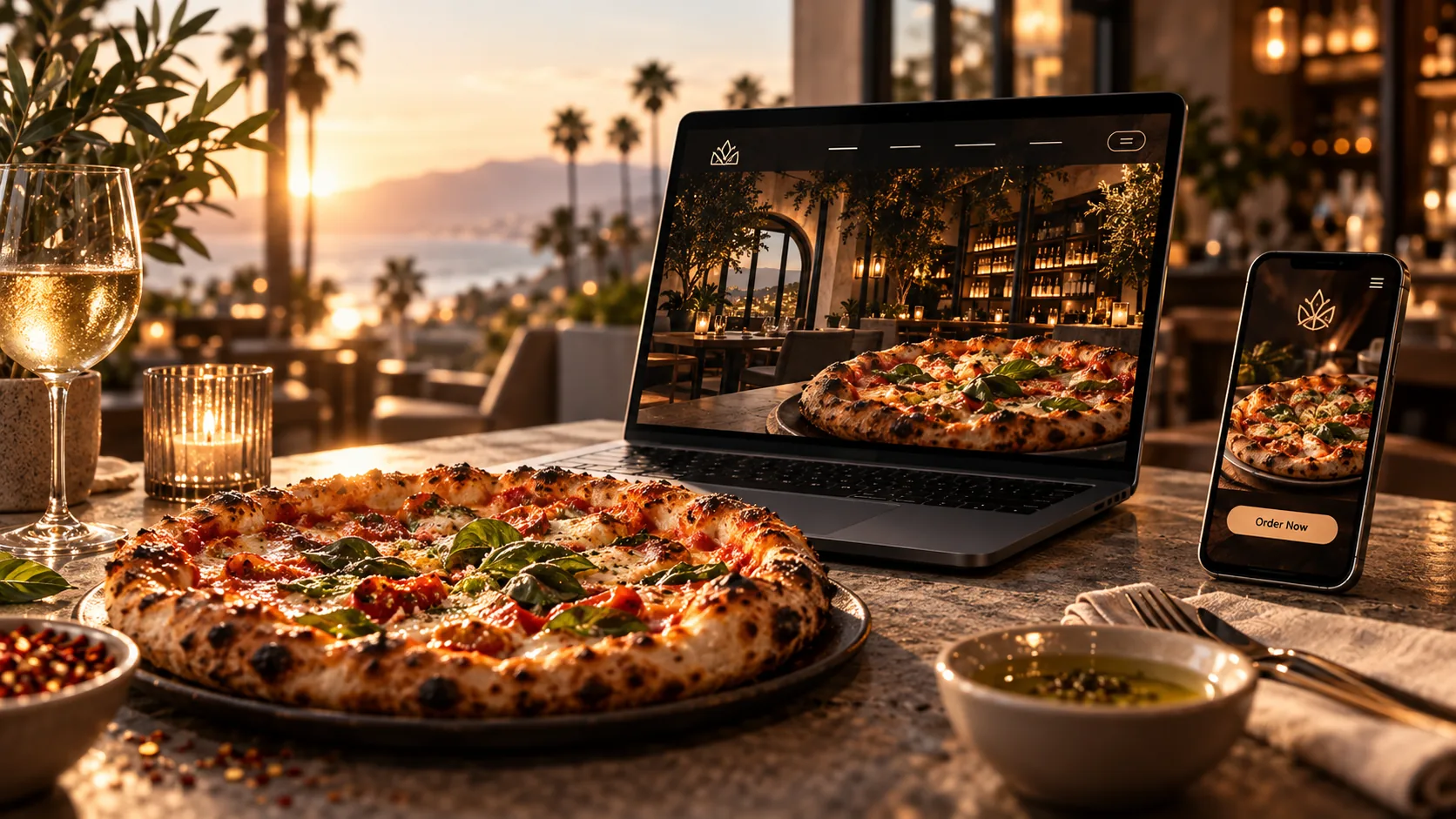 Wood-fired pizza on a restaurant table beside a laptop and phone showing the restaurant's website and online ordering
