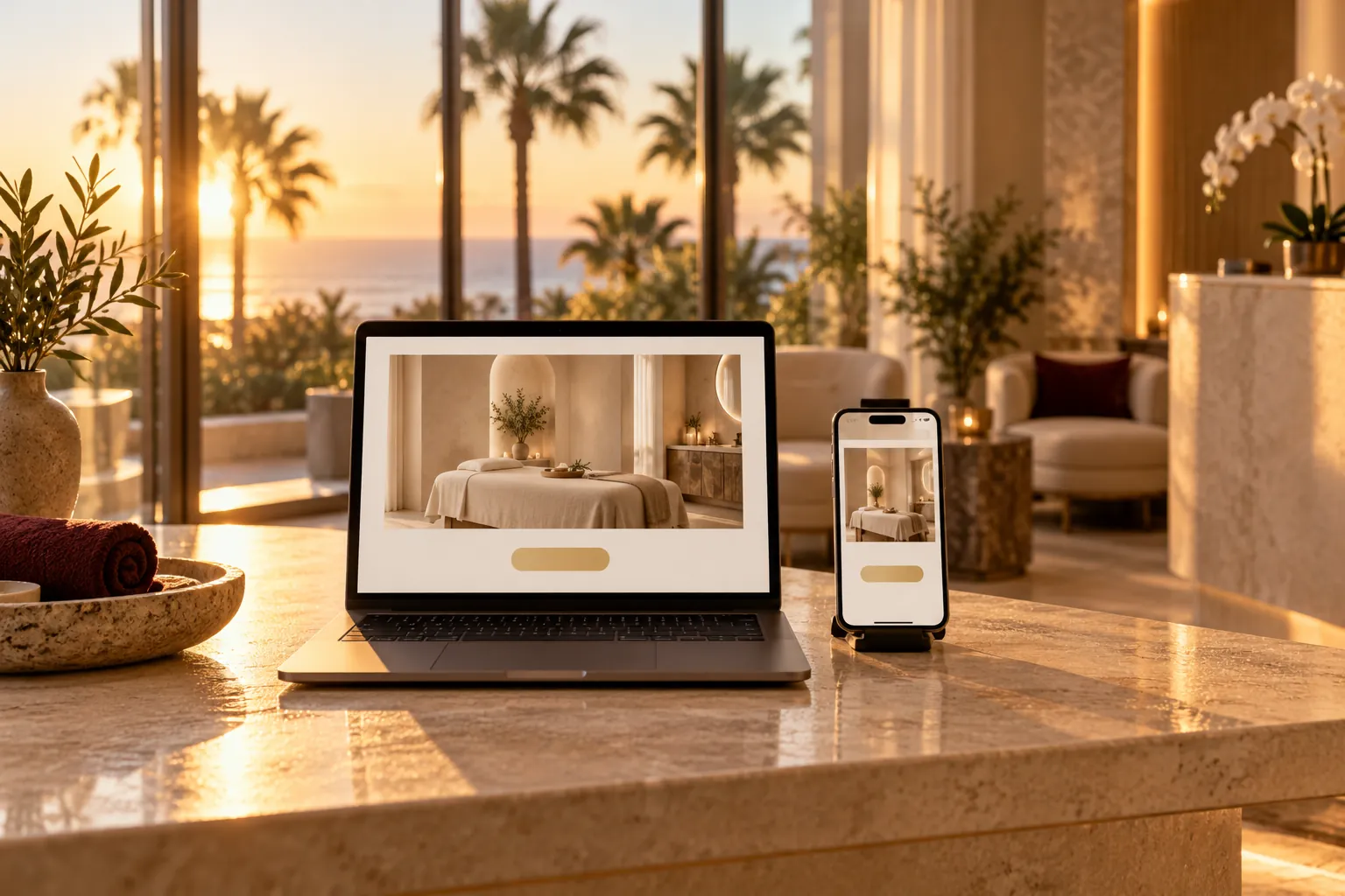 Laptop and phone showing a calm med spa website on a stone counter in a bright lobby at sunset